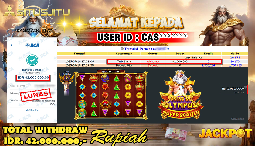 SITUSJITU id : CAS******* JACKPOT SLOT GATES OF OLYMPUS SUPER SCATTER Rp.42.000.000 ,- LUNAS