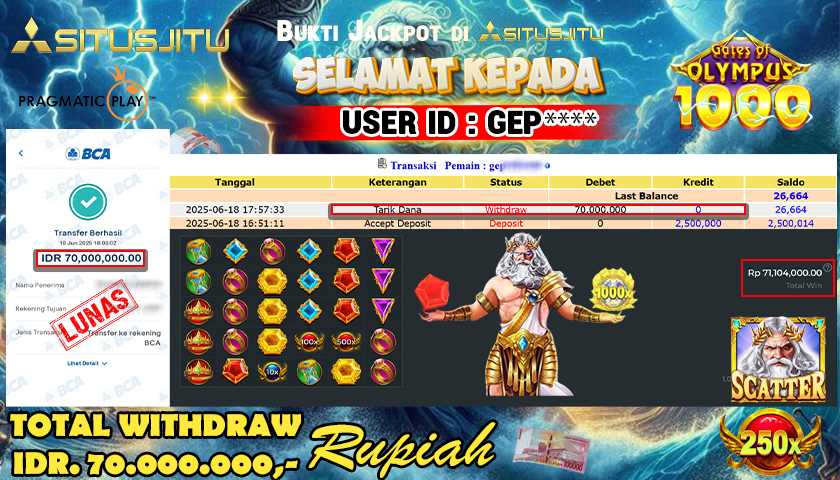 SITUSJITU id : GEP***** JACKPOT SLOT GATES OF OLYMPUS 1000 PRAGMATIC PLAY Rp.70.000.000 ,- LUNAS