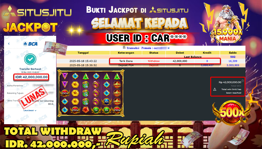 SITUSJITU id : CAR**** JACKPOT MENANG BESAR DI  15000x MANIA PRAGMATIC PLAY Rp.42.000.000 ,- LUNAS