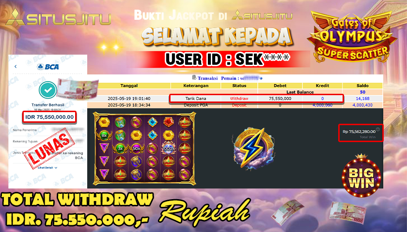 SITUSJITU id : SEK**** MENANG BESAR DI SLOT GATES OF OLYMPUS SUPER SCATTER TOTAL WITHDRAW Rp.75.550.000 ,- LUNAS