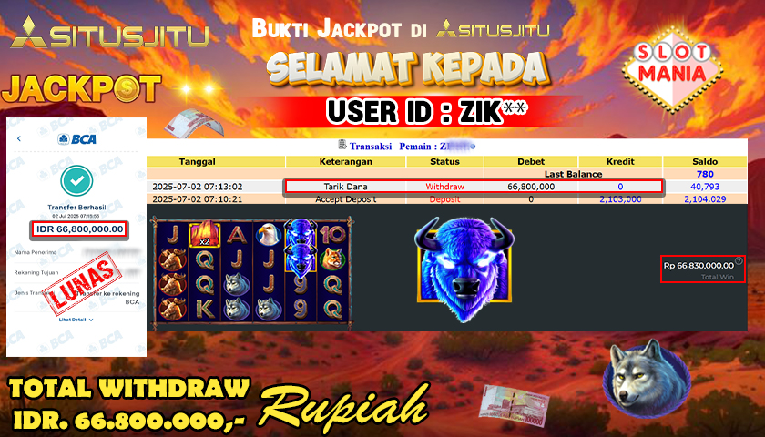 SITUSJITU  id : ZIK*** MENANG BESAR DI SLOT MANIA BISON SLOT MANIA DENGAN TOTAL WITHDRAW Rp.66.500.000 ,- LUNAS