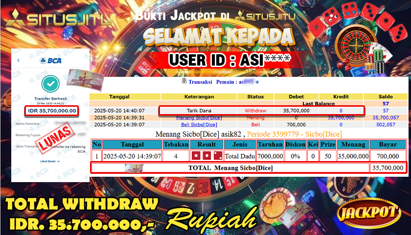 SITUSJITU id : ASI**** MENANG BESAR DI LIVE GAME SICBO DICE DENGAN TOTAL WITHDRAW Rp.35.700.000 ,- LUNAS