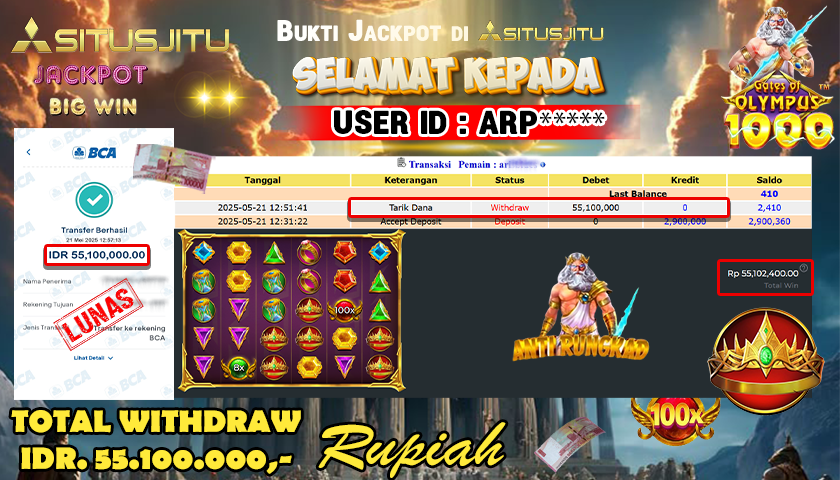 SITUSJITU id : ARP**** JACKPOT SLOT GATES OF OLYMPUS 1000 Rp.55.100.000 ,- LUNAS