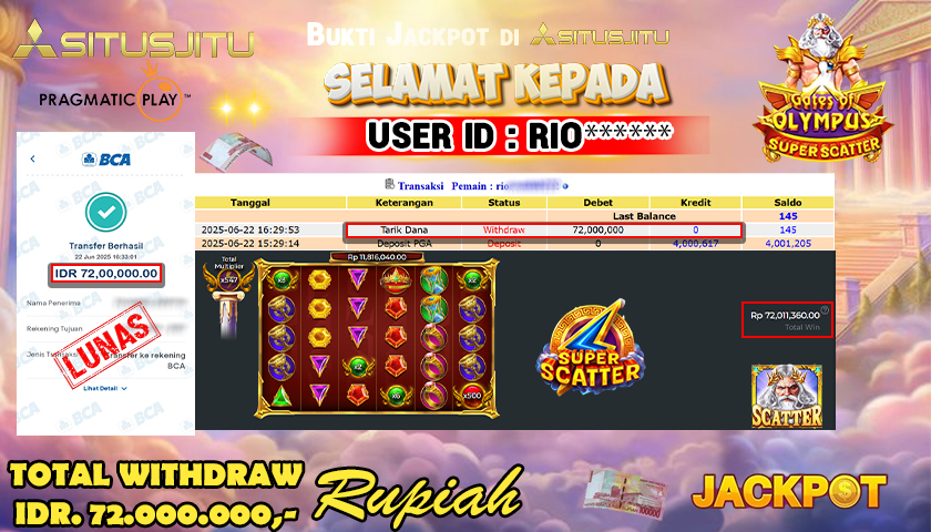 SITUSJITU id : RIO****** JACKPOT SLOT GATES OF OLYMPUS SUPER SCATTER PRAGMATIC PLAY Rp.72.000.000 ,- LUNAS