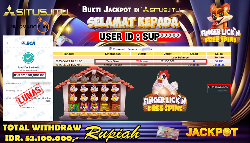 SITUSJITU id : SUP***** JACKPOT MENANG BESAR DI FINGER LICK'N FREE SPINS PRAGMATIC PLAY Rp.52.100.000 ,- LUNAS