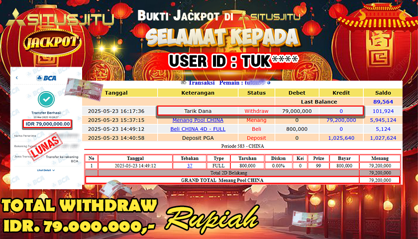 SITUSJITU id : TUK*** JACKPOT TOGEL CHINA POOLS Rp.79.000.000 ,- LUNAS