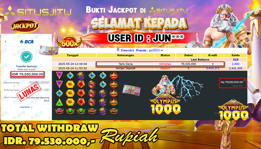 SITUSJITU id : JUN*** JACKPOT SLOT GATES OF OLYMPUS 1000 Rp.79.530.000 ,- LUNAS