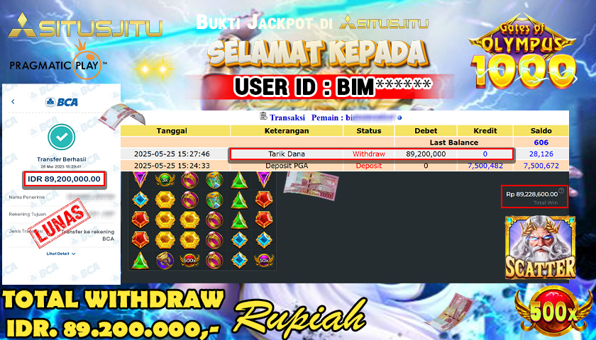 SITUSJITU id : BIM****** JACKPOT SLOT GATES OF OLYMPUS 1000 Rp.89.200.000 ,- LUNAS