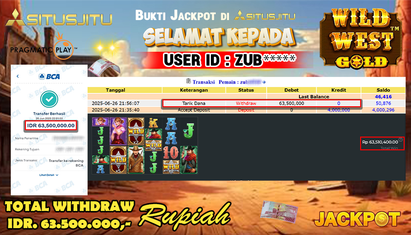 SITUSJITU  id : ZUB***** MENANG BESAR DI SLOT WILD WEST GOLD MEGAWAYS  PRAGMATIC PLAY DENGAN TOTAL WITHDRAW Rp.63.500.000 ,- LUNAS