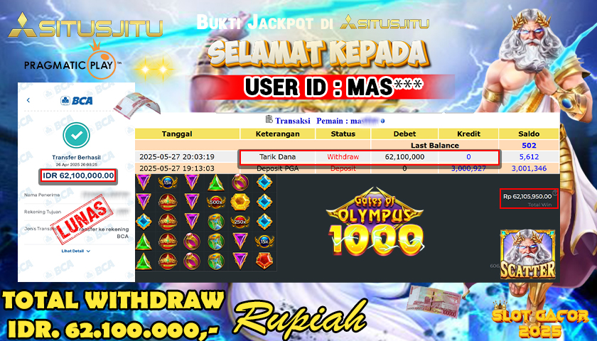 SITUSJITU id : MAS**** JACKPOT SLOT GATES OF OLYMPUS 1000 Rp.62.100.000 ,- LUNAS