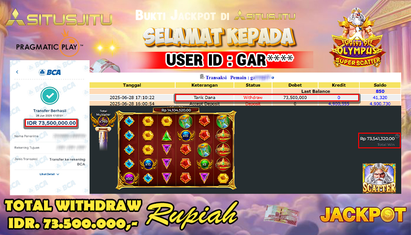 SITUSJITU id : GAR*** JACKPOT SLOT GATES OF OLYMPUS SUPER SCATTER PRAGMATIC PLAY Rp.73.500.000 ,- LUNAS