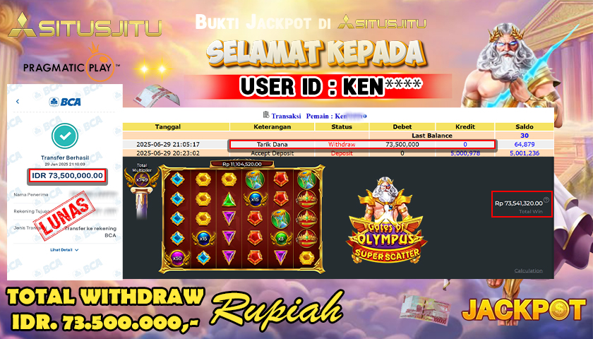 SITUSJITU id : KEN***** JACKPOT SLOT GATES OF OLYMPUS SUPER SCATTER PRAGMATIC PLAY Rp.73.500.000 ,- LUNAS