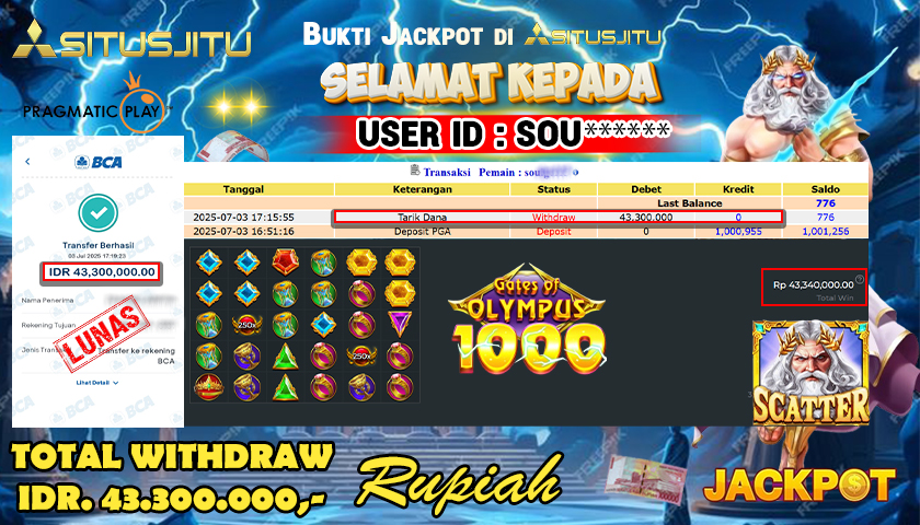 SITUSJITU id : SOU******* JACKPOT SLOT GATES OF OLYMPUS 1000 PRAGMATIC PLAY Rp.43.300.000 ,- LUNAS