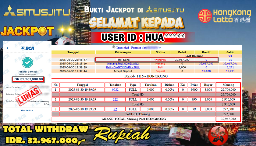 SITUSJITU id : HUA****** JACKPOT TOGEL HONGKONG LOTTO Rp.32.967.000 ,- LUNAS
