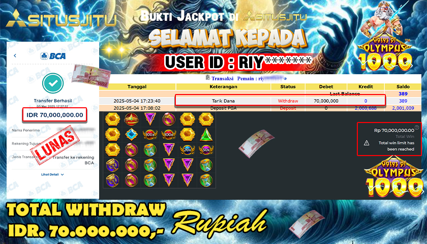 SITUSJITU id : RIY******* JACKPOT MENANG BESAR DI GATES OF OLYMPUS 1000 PRAGMATIC PLAY Rp.70.000.000 ,- LUNAS