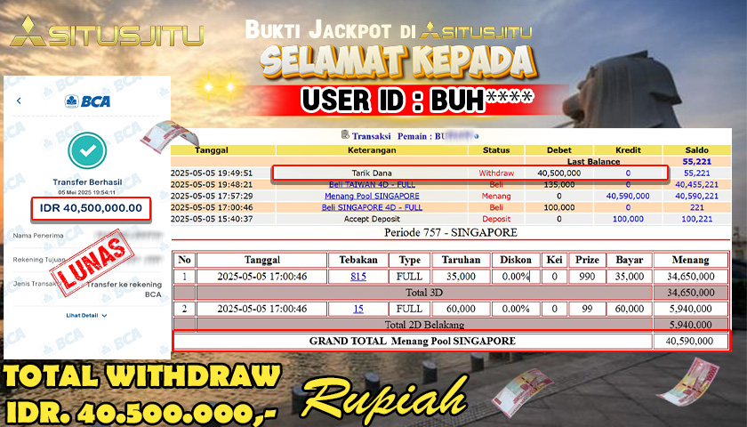 SITUSJITU id : BUH*** JACKPOT TOGEL CHINA POOLS Rp.40.500.000 ,- LUNAS