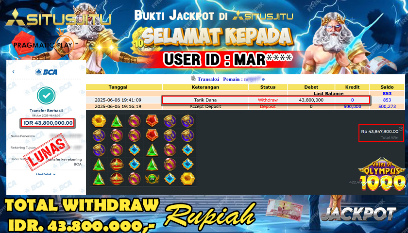 SITUSJITU id : MAR**** JACKPOT SLOT GATES OF OLYMPUS 1000 Rp.43.800.000 ,- LUNAS