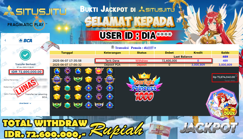 SITUSJITU  id : DIA**** MENANG BESAR DI SLOT STARLIGHT PRINCESS  1000 PRAGMATIC PLAY DENGAN TOTAL WITHDRAW Rp.72.600.000 ,- LUNAS
