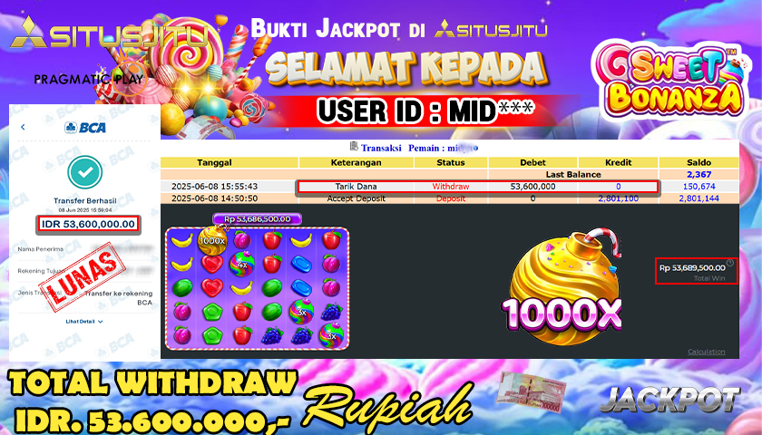 SITUSJITU  id : MID*** MENANG BESAR DI SLOT SWEET BONANZA 1000 PRAGMATIC PLAY DENGAN TOTAL WITHDRAW Rp.53.600.000 ,- LUNAS