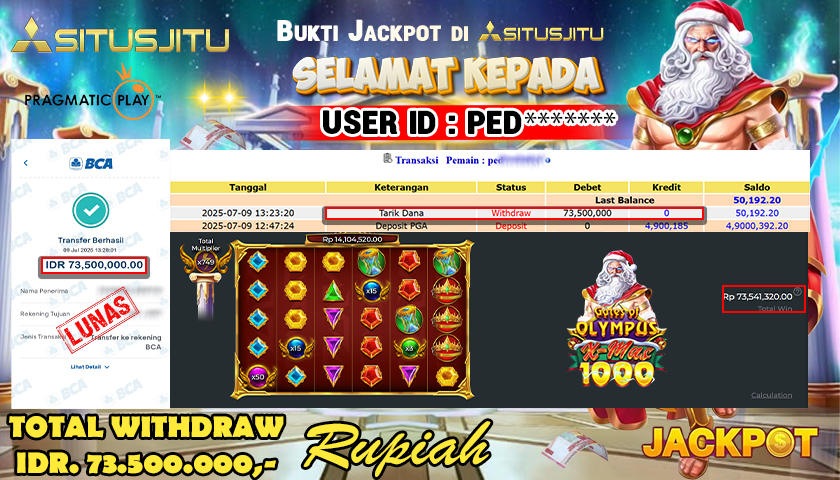 SITUSJITU id :  PED********  JACKPOT MENANG BESAR DI GATES OF OLMYPUS XMAS 1000 PRAGMATIC PLAY Rp.70.000.000 ,- LUNAS