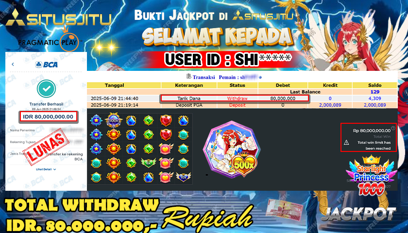 SITUSJITU  id : SHI****** MENANG BESAR DI SLOT STARLIGHT PRINCESS  1000 PRAGMATIC PLAY DENGAN TOTAL WITHDRAW Rp.80.000.000 ,- LUNAS