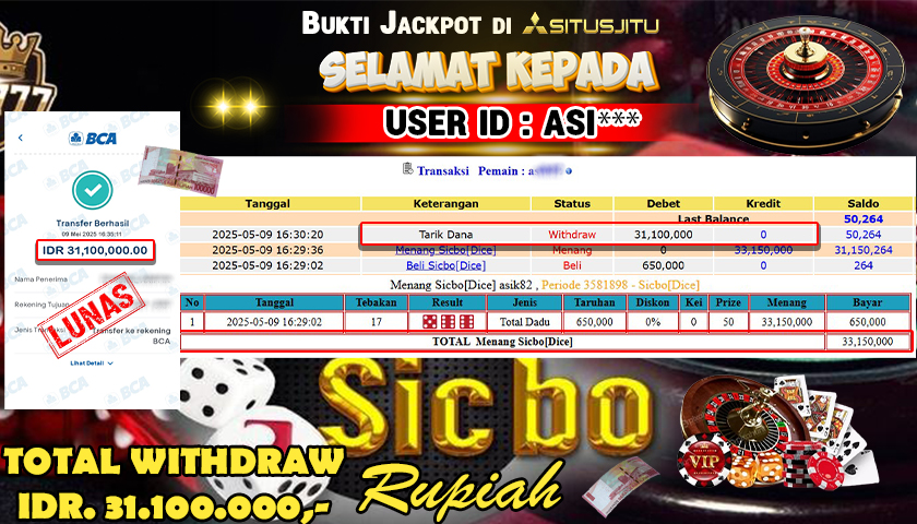 SITUSJITU id : ASI*** MENANG BESAR DI LIVE GAME SICBO DICE DENGAN TOTAL WITHDRAW Rp.31,100,000- LUNAS