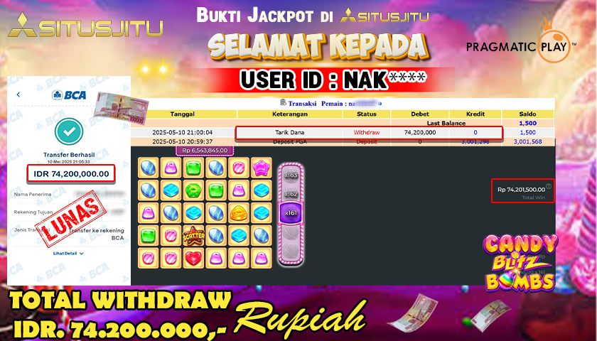 SITUSJITU id : NAK**** JACKPOT MENANG BESAR DI CANDY BLITZ BOMBS PRAGMATIC PLAY Rp.74.200.000 ,- LUNAS
