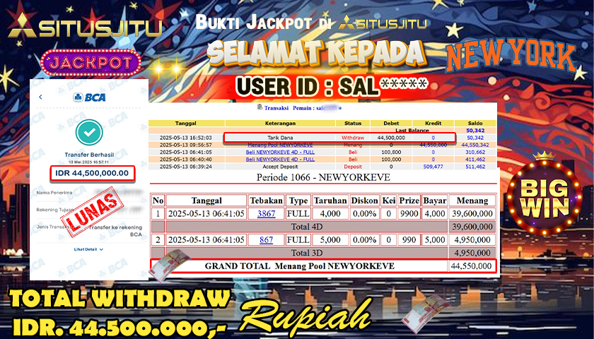 SITUSJITU id : SAL***** JACKPOT TOGEL NEWYORKEVE POOLS Rp.44.500.000 ,- LUNAS