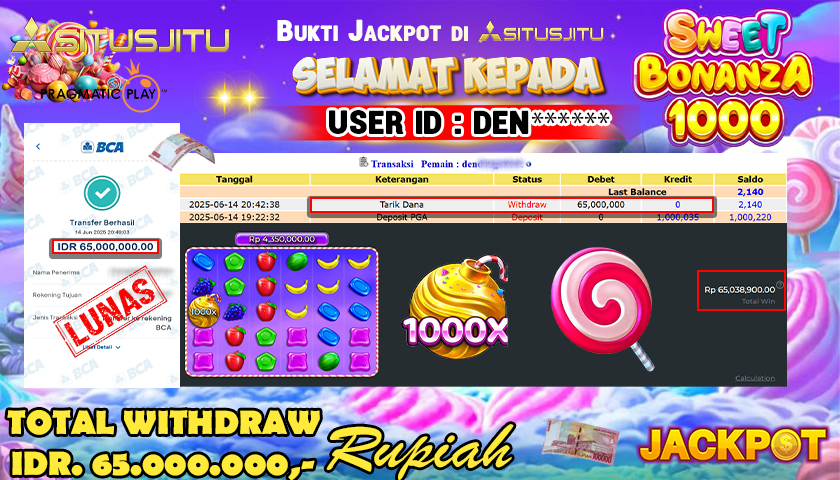 SITUSJITU  id : DEN****** MENANG BESAR DI SLOT SWEET BONANZA 1000 PRAGMATIC PLAY DENGAN TOTAL WITHDRAW Rp.63.000.000 ,- LUNAS