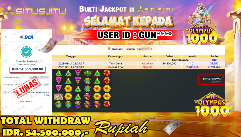 SITUSJITU id : GUN**** JACKPOT MENANG BESAR DI GATES OF OLYMPUS 1000 PRAGMATIC PLAY Rp.54.500.000 ,- LUNAS