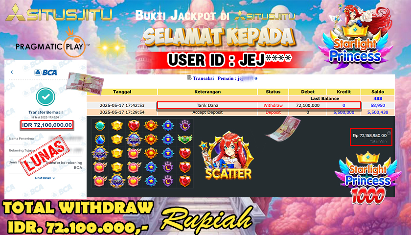 SITUSJITU  id : JEJ*** MENANG BESAR DI SLOT STARLIGHT PRINCESS  1000 PRAGMATIC PLAY DENGAN TOTAL WITHDRAW Rp.72.100.000 ,- LUNAS