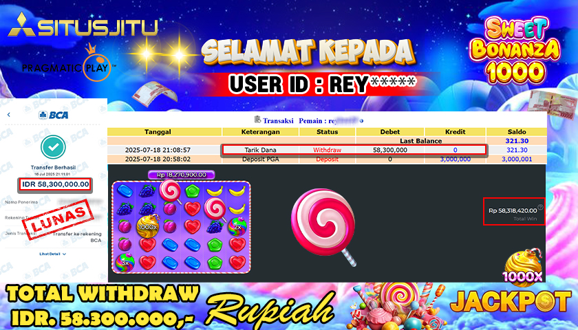 SITUSJITU  id : REY***** MENANG BESAR DI SLOT SWEET BONANZA 1000 PRAGMATIC PLAY DENGAN TOTAL WITHDRAW Rp.58.300.000 ,- LUNAS