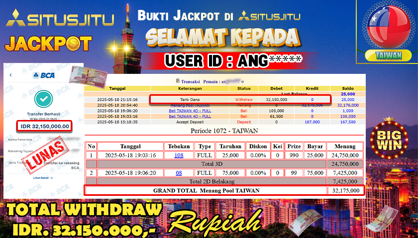SITUSJITU id : ANG***** JACKPOT MENANG BESAR DI POOL TAIWAN DENGAN TOTAL WITHDRAW  Rp.32.150.000 ,- LUNAS