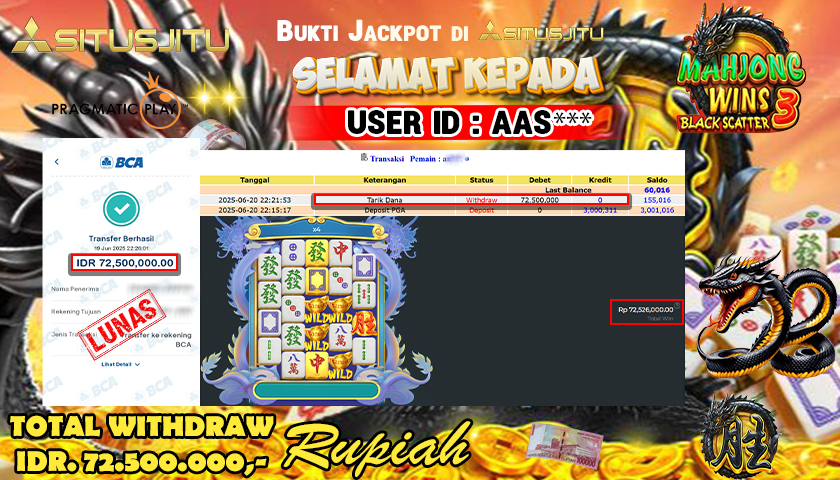 SITUSJITU id : AAS*** JACKPOT MENANG BESAR DI MAHJONG WINS 3 - BLACK SCATTER PRAGMATIC PLAY Rp.72.500.000 ,- LUNAS
