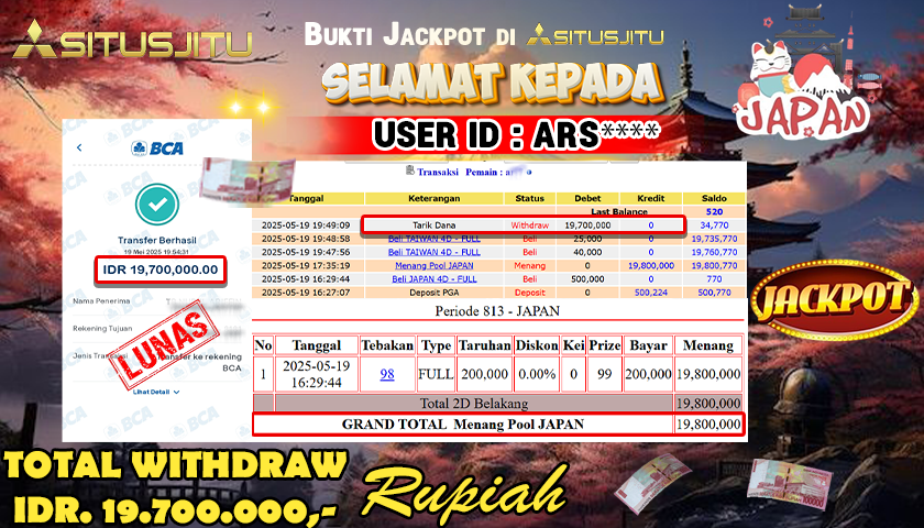 SITUSJITU id : ARS**** JACKPOT TOGEL JAPAN POOLS Rp.19.700.000 ,- LUNAS