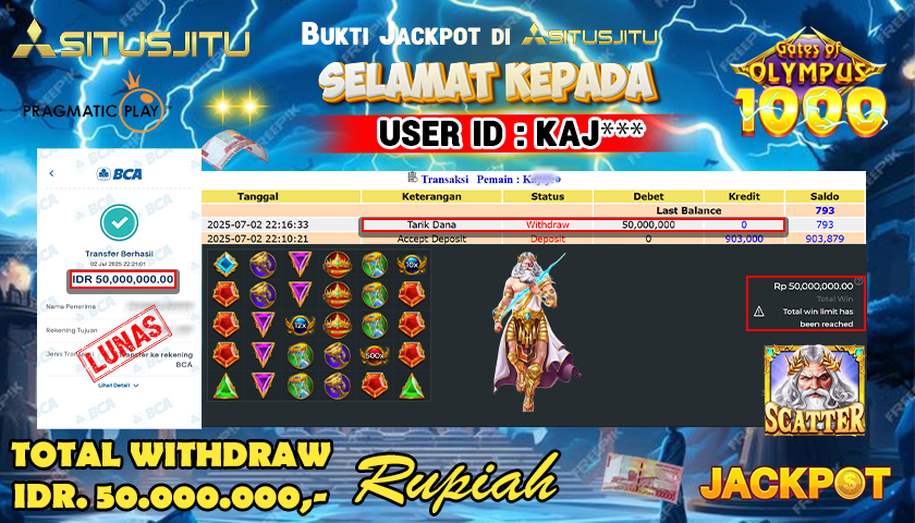 SITUSJITU id : KAJ*** JACKPOT SLOT GATES OF OLYMPUS 1000 PRAGMATIC PLAY Rp.50.000.000 ,- LUNAS