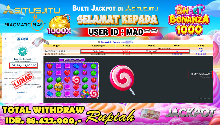 SITUSJITU  id : MAD**** MENANG BESAR DI SLOT SWEET BONANZA 1000 PRAGMATIC PLAY DENGAN TOTAL WITHDRAW Rp.88.422.000 ,- LUNAS