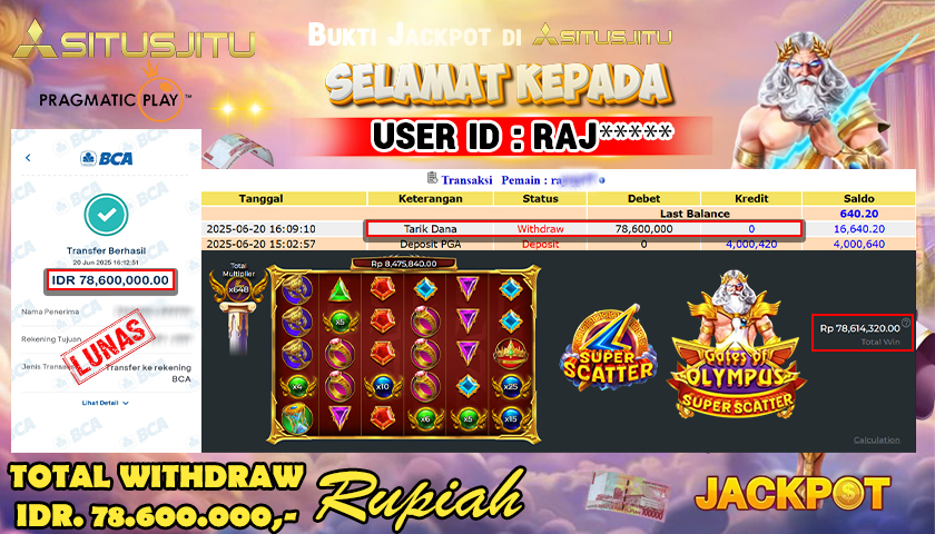 SITUSJITU id : RAJ***** JACKPOT SLOT GATES OF OLYMPUS SUPER SCATTER PRAGMATIC PLAY Rp.78.600.000 ,- LUNAS