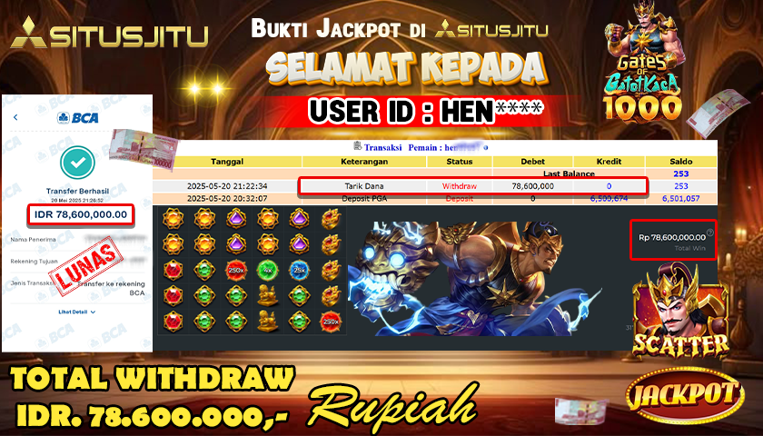 SITUSJITU id : HEN***** JACKPOT MENANG BESAR DI GATES OF GATOT KACA 1000 PRAGMATIC PLAY Rp.78.600.000 ,- LUNAS