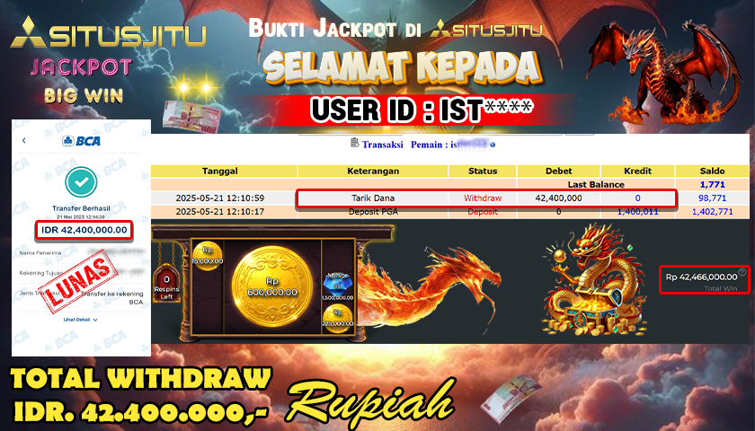 SITUSJITU id : IST***** JACKPOT MENANG BESAR DI SLEEPING DRAGON PRAGMATIC PLAY Rp.42.400.000 ,- LUNAS