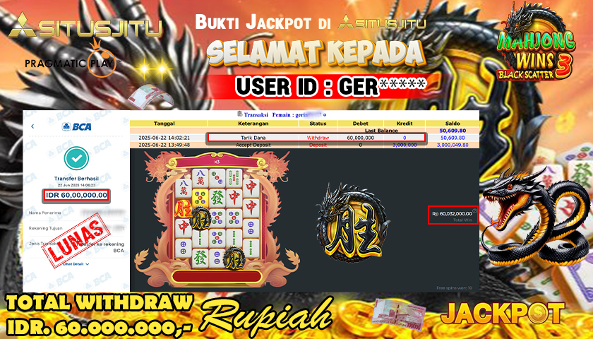 SITUSJITU id : GER****** JACKPOT MENANG BESAR DI MAHJONG WINS 3 - BLACK SCATTER PRAGMATIC PLAY Rp.60.000.000 ,- LUNAS