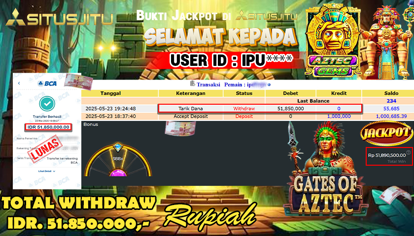SITUSJITU id : IPU***** JACKPOT MENANG BESAR DI AZTEC GEMS DELUXE PRAGMATIC PLAY Rp.51.850.000 ,- LUNAS