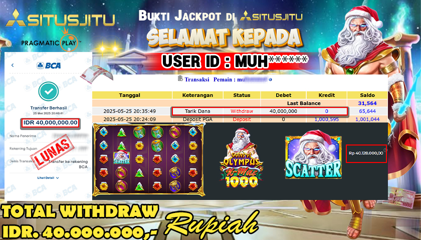 SITUSJITU id : MUH****** JACKPOT MENANG BESAR DI GATES OF OLYMPUS XMAS 1000 PRAGMATIC PLAY Rp.40.000.000 ,- LUNAS