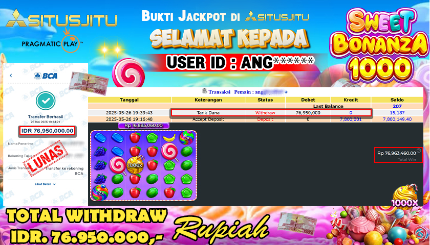 SITUSJITU  id : ANG****** MENANG BESAR DI SLOT SWEET BONANZA 1000 PRAGMATIC PLAY DENGAN TOTAL WITHDRAW Rp.76.950.000 ,- LUNAS
