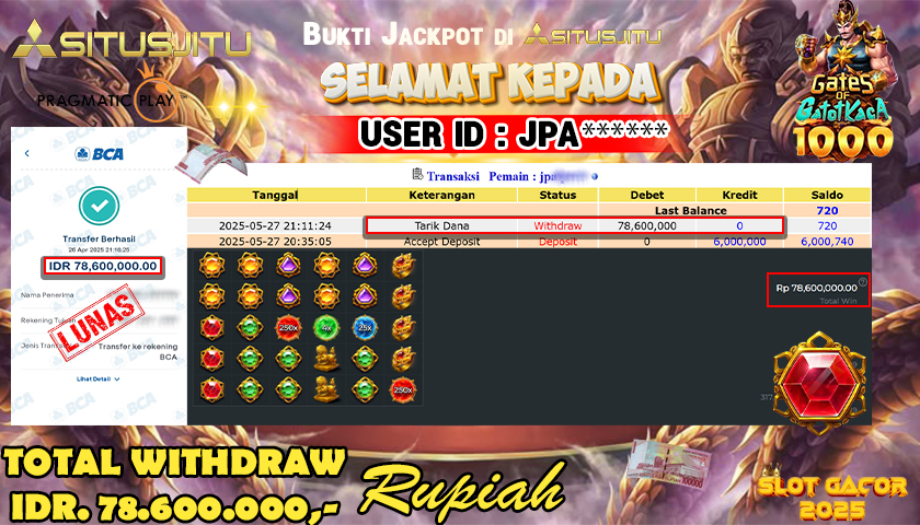 SITUSJITU id : JPA****** JACKPOT MENANG BESAR DI GATES OF GATOT KACA 1000 PRAGMATIC PLAY Rp.78.600.000 ,- LUNAS