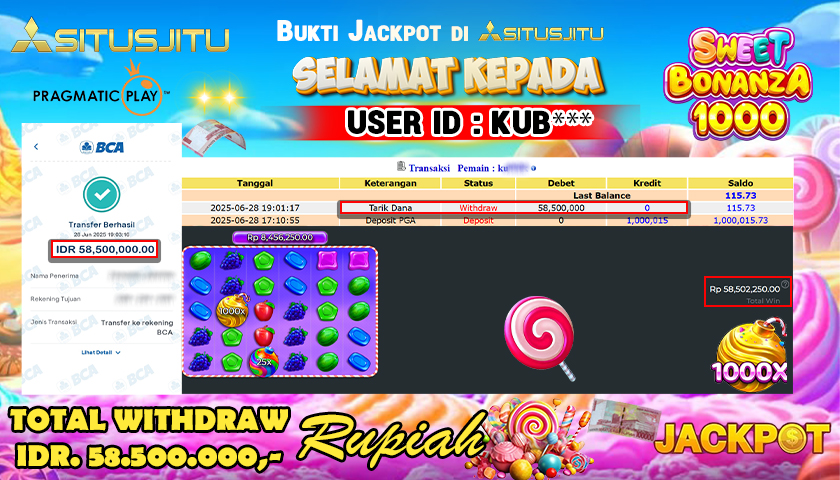 SITUSJITU  id : KUB*** MENANG BESAR DI SLOT SWEET BONANZA 1000 PRAGMATIC PLAY DENGAN TOTAL WITHDRAW Rp.58.500.000 ,- LUNAS