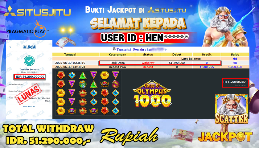 SITUSJITU id : HEN****** JACKPOT SLOT GATES OF OLYMPUS 1000 PRAGMATIC PLAY Rp.51.290.000 ,- LUNAS