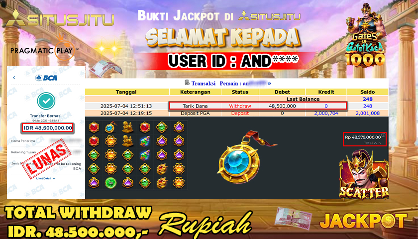 SITUSJITU id :  AND****  JACKPOT MENANG BESAR DI GATES OF GATOT KACA 1000 PRAGMATIC PLAY Rp.48.500.000 ,- LUNAS