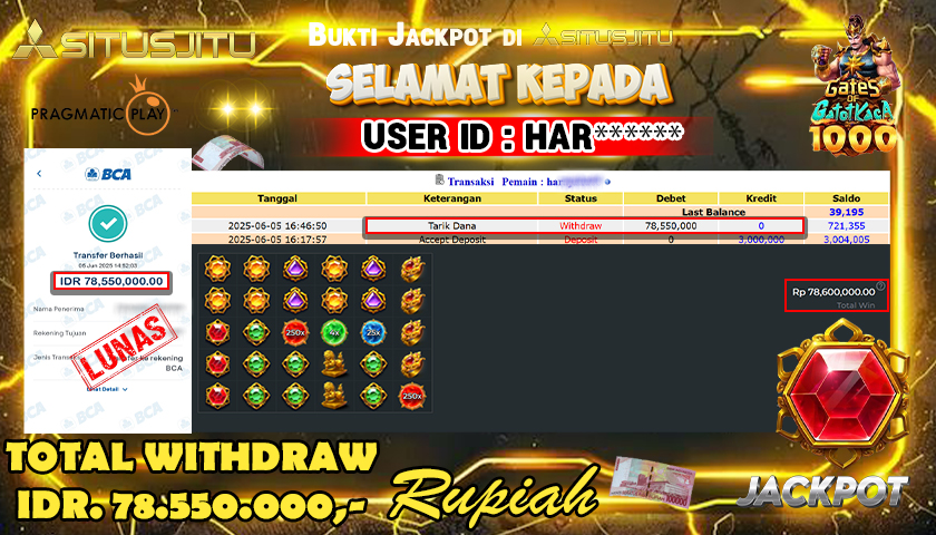SITUSJITU id : HAR****** JACKPOT MENANG BESAR DI GATES OF GATOT KACA 1000 PRAGMATIC PLAY Rp.78.550.000 ,- LUNAS