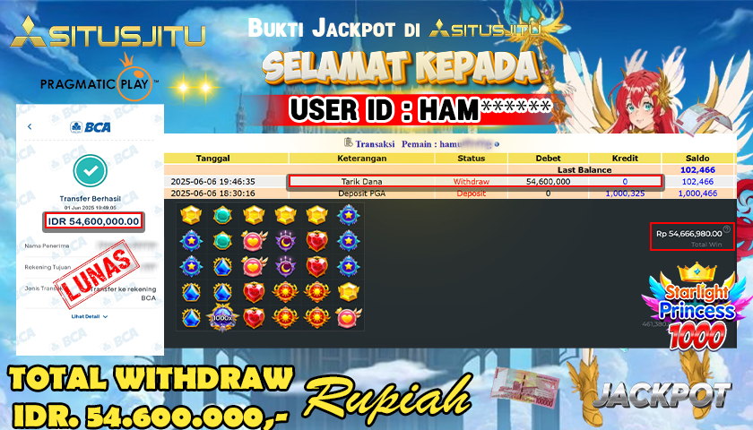 SITUSJITU  id : HAM****** MENANG BESAR DI SLOT STARLIGHT PRINCESS 1000 PRAGMATIC PLAY DENGAN TOTAL WITHDRAW Rp.54.600.000 ,- LUNAS